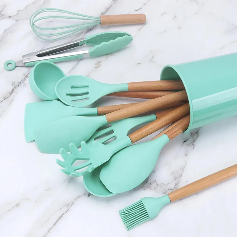 Silicone Colher Kit para Cozinha, BPA Antiferrugem, Madeira Conjunto de Utensílios De Cozinha, Jogo, 12 Peças