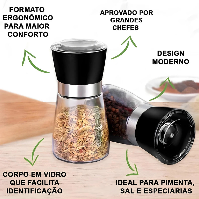 Kit 2 Moedor Triturador De Temperos, Sal, Pimenta E Especiarias De Vidro e Inox
