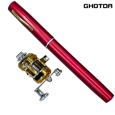 Conjunto combinado de carretel de vara de pesca, mini caneta de bolso telescópica, vara de pesca + carretel
