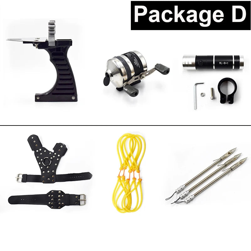 Conjunto de estilingue de pesca, poderosa ferramenta de catapulta de pesca para caça ao ar livre, conjunto profissional de carretel + dardos + protetor de mão