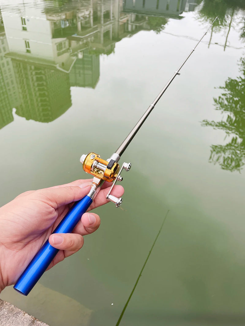 Conjunto combinado de carretel de vara de pesca, mini caneta de bolso telescópica, vara de pesca + carretel