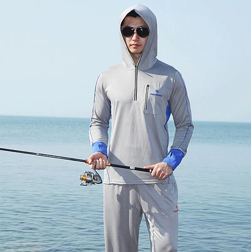 Roupa de pesca masculina e feminina, camiseta de manga comprida com capuz e proteção uv respirável de pesca