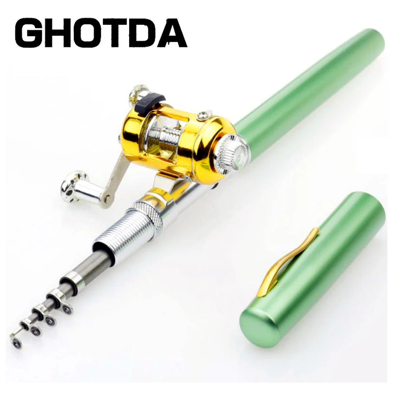 Portátil Bolso Telescópico Mini Pólo De Pesca, Caneta Forma Dobrado Vara De Pesca, roda Carretel