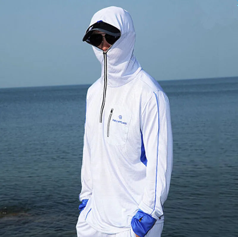 Roupa de pesca masculina e feminina, camiseta de manga comprida com capuz e proteção uv respirável de pesca