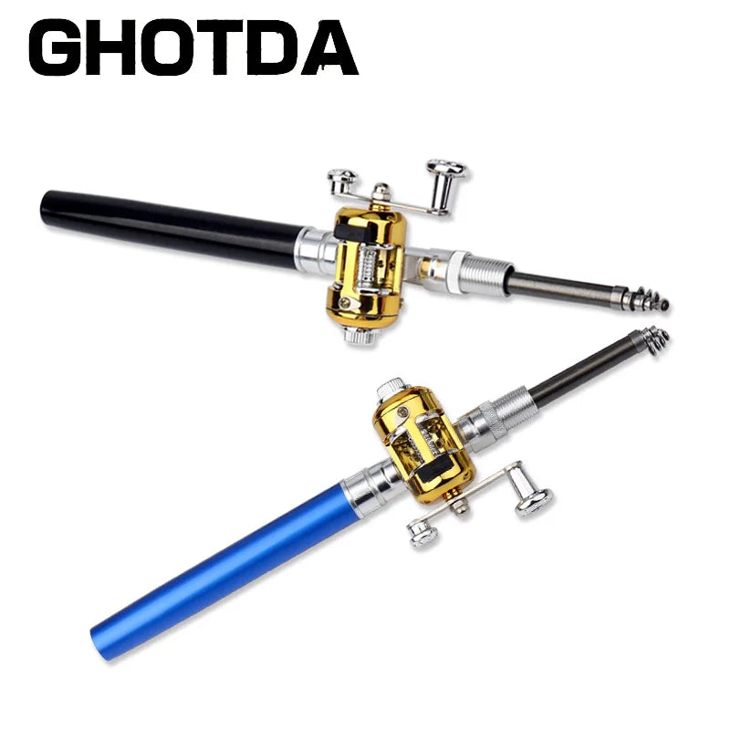 Portátil Bolso Telescópico Mini Pólo De Pesca, Caneta Forma Dobrado Vara De Pesca, roda Carretel