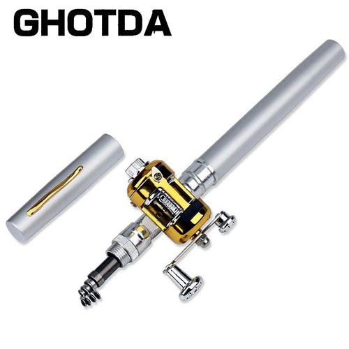 Portátil Bolso Telescópico Mini Pólo De Pesca, Caneta Forma Dobrado Vara De Pesca, roda Carretel