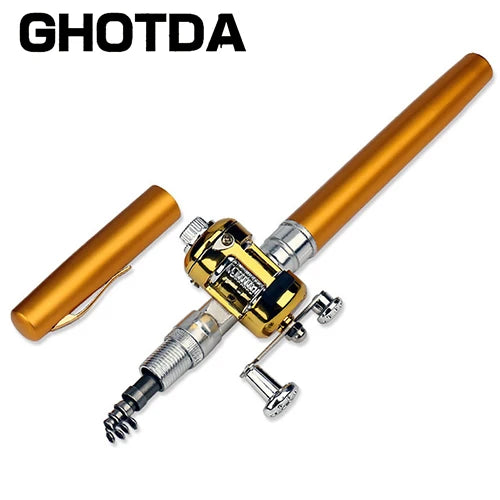 Portátil Bolso Telescópico Mini Pólo De Pesca, Caneta Forma Dobrado Vara De Pesca, roda Carretel
