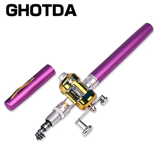 Portátil Bolso Telescópico Mini Pólo De Pesca, Caneta Forma Dobrado Vara De Pesca, roda Carretel