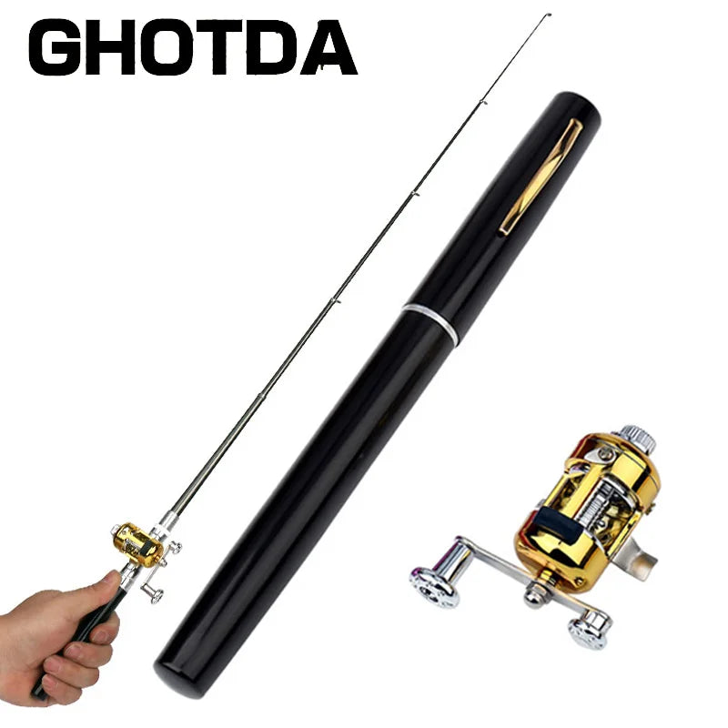 Portátil Bolso Telescópico Mini Pólo De Pesca, Caneta Forma Dobrado Vara De Pesca, roda Carretel