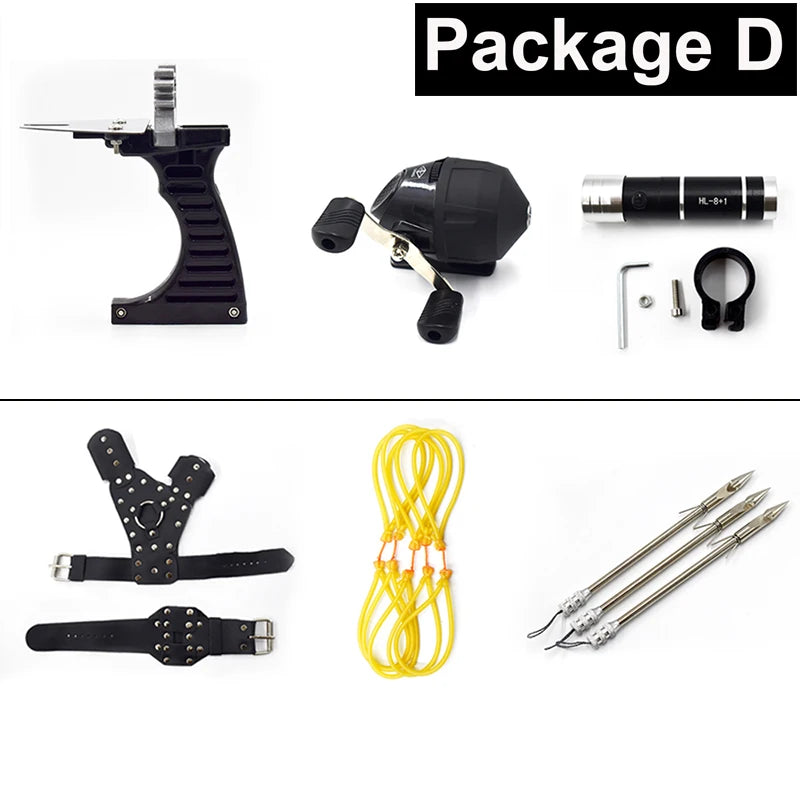 Conjunto de estilingue de pesca, poderosa ferramenta de catapulta de pesca para caça ao ar livre, conjunto profissional de carretel + dardos + protetor de mão
