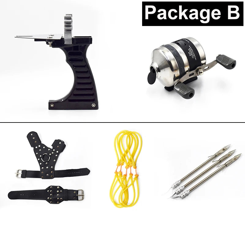 Conjunto de estilingue de pesca, poderosa ferramenta de catapulta de pesca para caça ao ar livre, conjunto profissional de carretel + dardos + protetor de mão