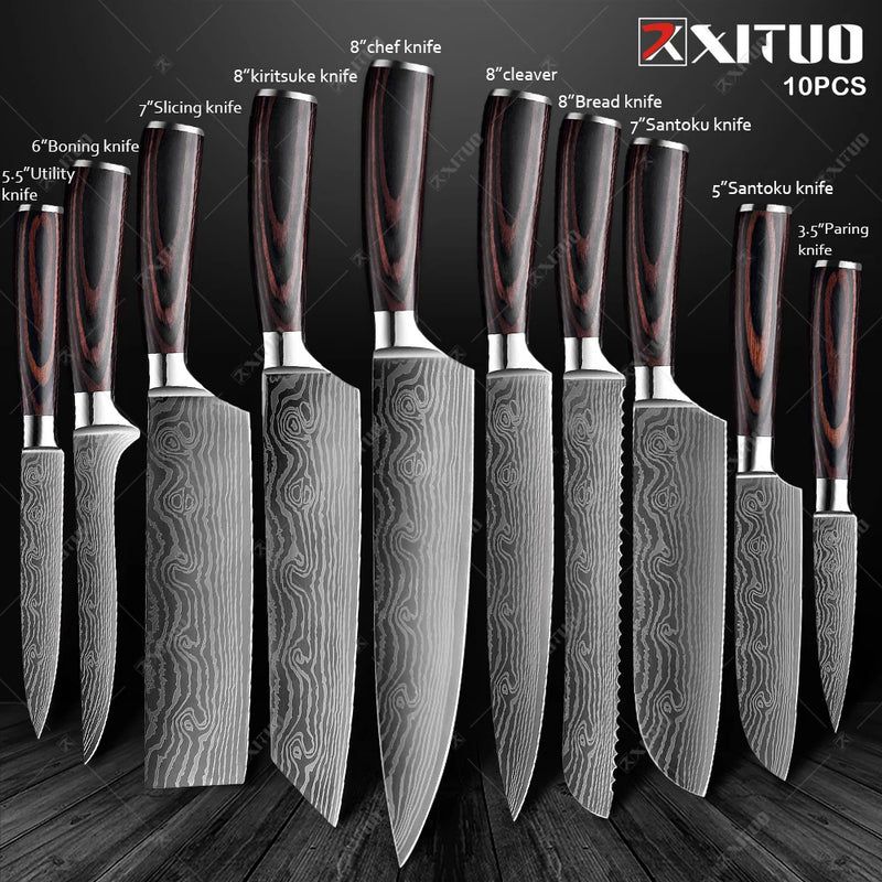 Conjunto de faca de cozinha premium afiada faca de chef japonesa faca santoku com padrão de damasco a laser cutelo de corte muito rápido 1-10 peças