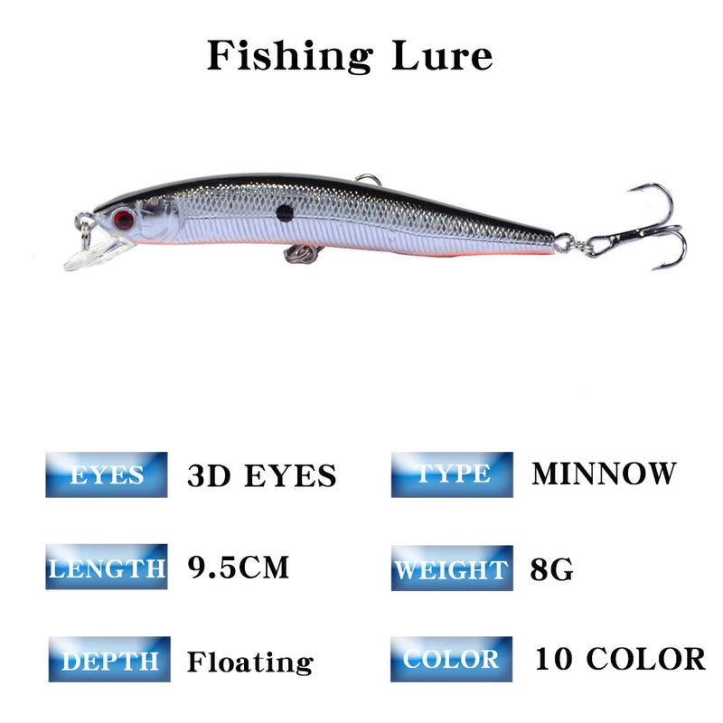 1 pçs minnow isca de pesca 95mm 8g flutuante isca dura wobbler jig isca crankbait carpa listrado baixo pesca equipamento de pesca swimbait