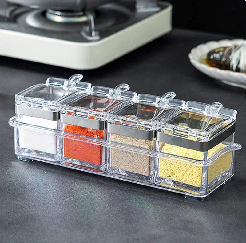 Recipiente De Armazenamento De Cristal Com Colher, Estante De Tempero, Panelas Para Pimenta Spice, Caixa Clara, Conjunto De 4