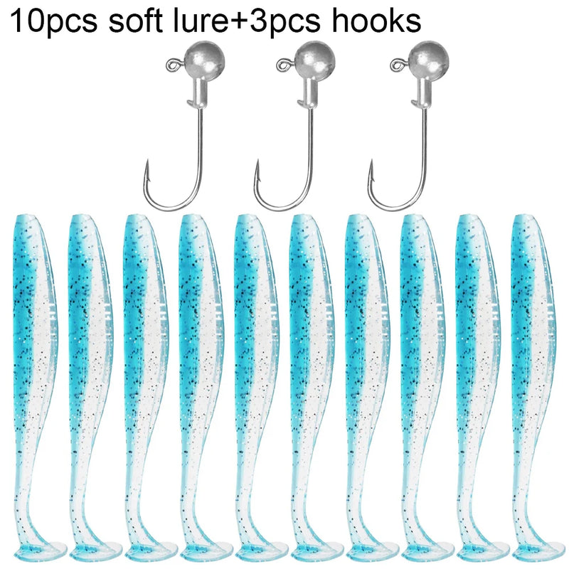 10 pçs isca macia 5.5cm 7cm 10cm t cauda worm 3 pçs jigging cabeça gancho 3g 5g 10g metal gabarito carpa pesca swimbait engrenagem kit isca