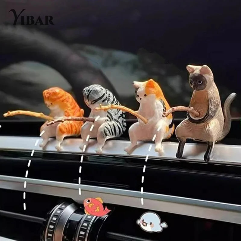 Criativo Pesca Cat Car Decoração Interior, Resina Bonito, Auto Figurinhas Em Miniatura, Acessórios De Enfeites, Pequenos Presentes