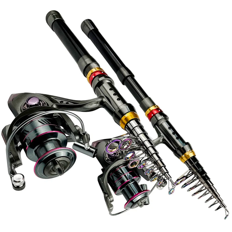 1.8-3.6m vara de pesca de fibra de carbono e carretel combo super duro telescópica pólo de pesca kit de carretel de fiação resistência máxima 3-8kg pesca