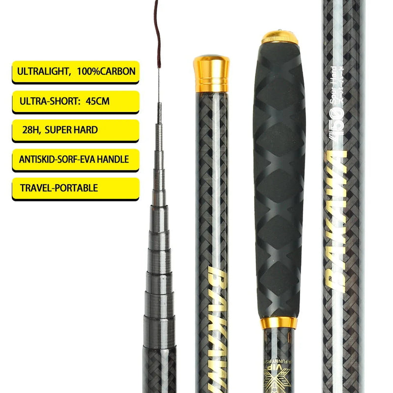 Bakawa fluxo telescópico vara de pesca alimentador de carpa fibra de carbono duro pesca 3.6m 4.5m 5.4m 6.3m 7.2m água doce mini alimentador de viagem