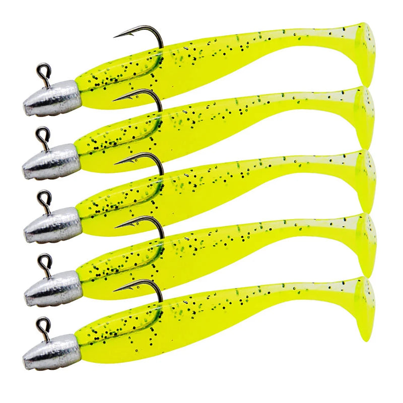 5 pçs/lote t-tail isca de pesca macia combinada com ganchos de cabeça de gabarito wobblers artificiais swimbait equipamentos de pesca para baixo pique pesca