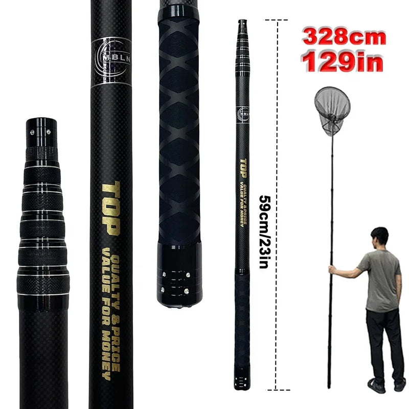 Marca MBLN, comprimento total de 328 cm/129 polegadas, ultraleve 414g, rede de pouso de pesca portátil, rede telescópica de fibra de carbono, cabeça de rede de liga