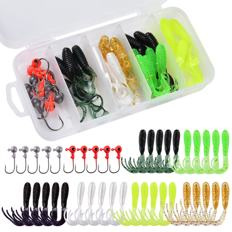 Goture kit de isca macia 40 peças conjunto de isca de silicone 5cm 0.7g gancho de gabarito 3.2cm 3.5g ganchos de pesca com caixa de equipamento de pesca isca macia
