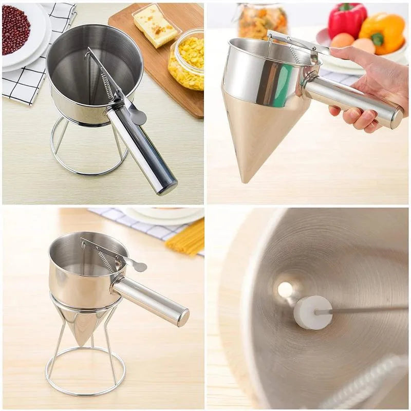 Balde de óleo com suporte, 600/1200ml, dispensador de funil de aço inoxidável, cupcake, panqueca, massa, polvo, bola, ferramenta de cozimento de cozinha
