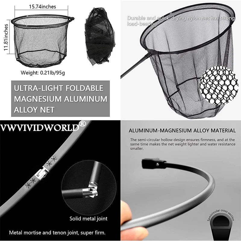 Marca VWVIVIDWORLD, 1,8-3,45 m, rede de pesca portátil de carbono, terra de pesca, rede de mão, pólo telescópico dobrável, vara de pesca
