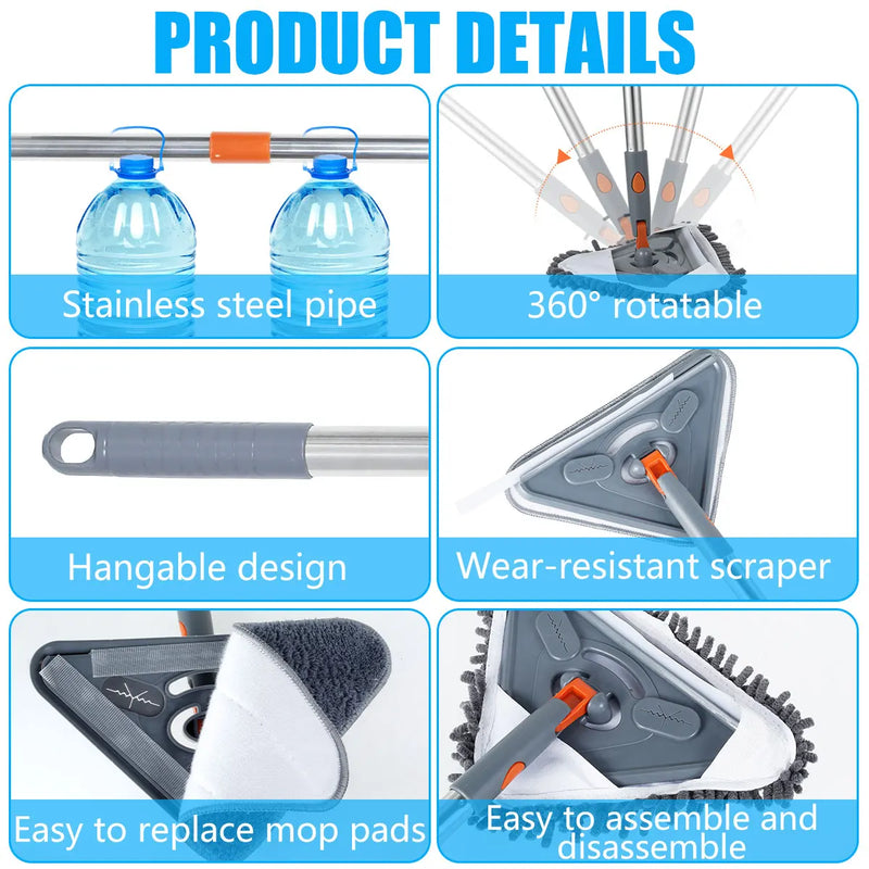 Esfregona de parede com alça longa 360 °   Esfregão de limpeza de parede de microfibra triangular giratório ajustável limpador de poeira seca e molhada para piso