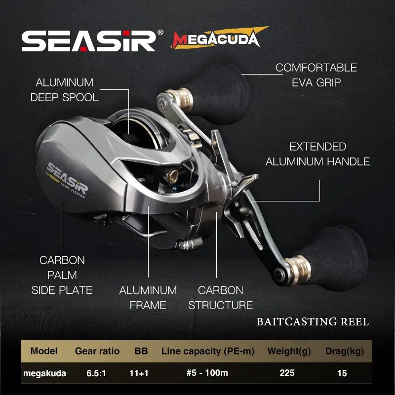Seasir Megacuda Baitcasting Reel, Arraste 15kg, Carretel Profundo, 6.5:1 Quadro De Alumínio, Lado De Carbono, Punho Duplo, Jigging Metal Reel, Água Do Mar