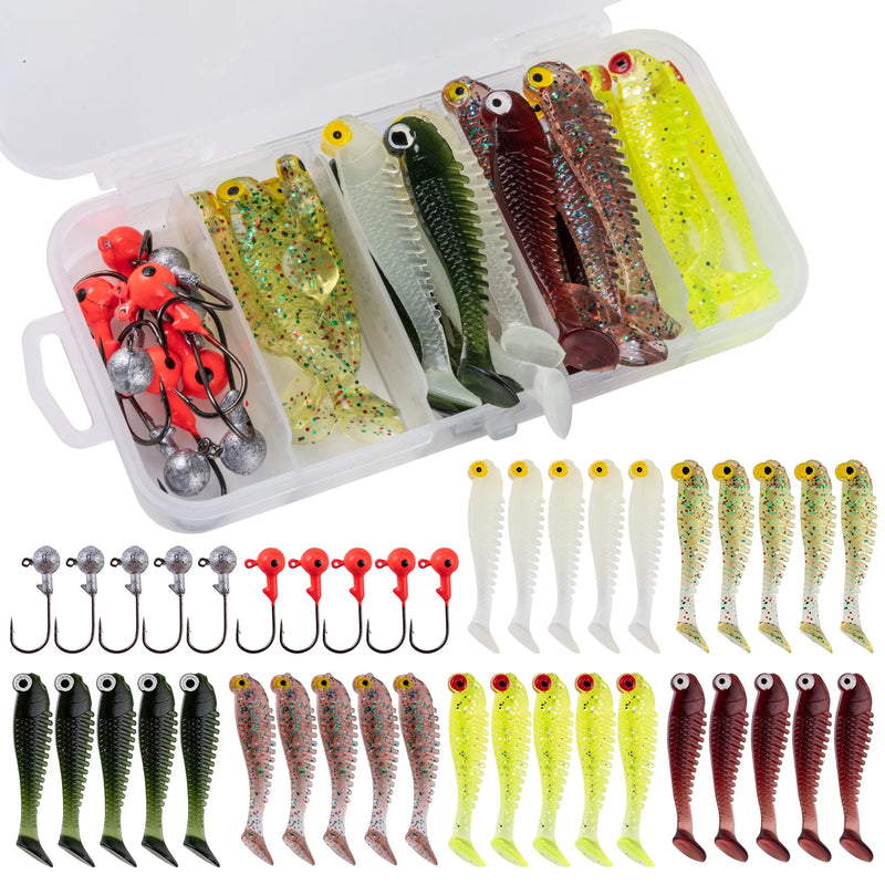 Goture kit de isca macia 40 peças conjunto de isca de silicone 5cm 0.7g gancho de gabarito 3.2cm 3.5g ganchos de pesca com caixa de equipamento de pesca isca macia