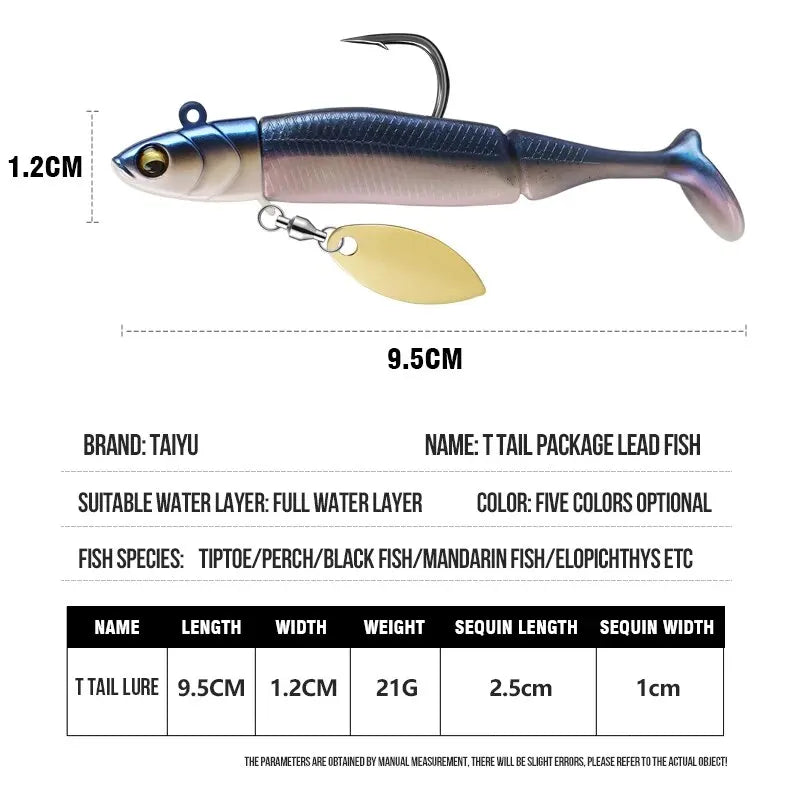 Taiyu gabarito cabeça iscas de pesca macias 21g t-tail silicone isca wobblers metal spinner colher isca para pique truta baixo equipamento de pesca