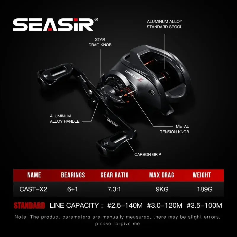 SEASIR Cast X2 Baitcasting Reel 7.3:1 Rolamento cerâmico híbrido Arruela de fibra de carbono Sistema de rolamento duplo N52 Freio Carretilhas de pesca