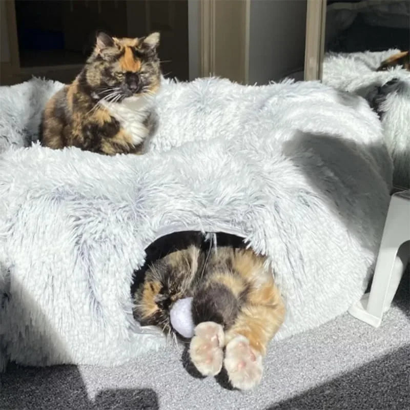 Cama de gato de pelúcia com túnel para gatos internos Cama de túnel de gato multifuncional com olho mágico Cama de gato de rosquinha fofa com túnel