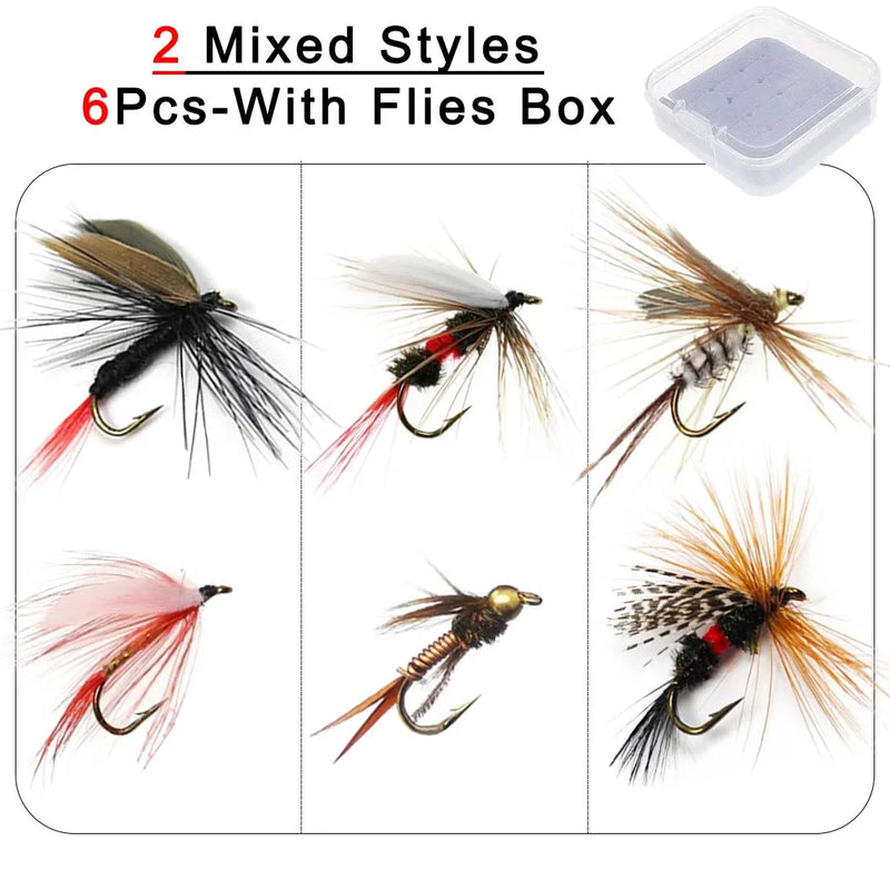Fly pesca isca, diferentes estilos diferentes, para truta, ninfa, moscas secas, iscas de pesca, 6 pcs/box