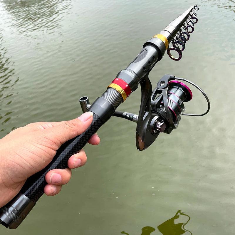 1.8-3.6m vara de pesca de fibra de carbono e carretel combo super duro telescópica pólo de pesca kit de carretel de fiação resistência máxima 3-8kg pesca