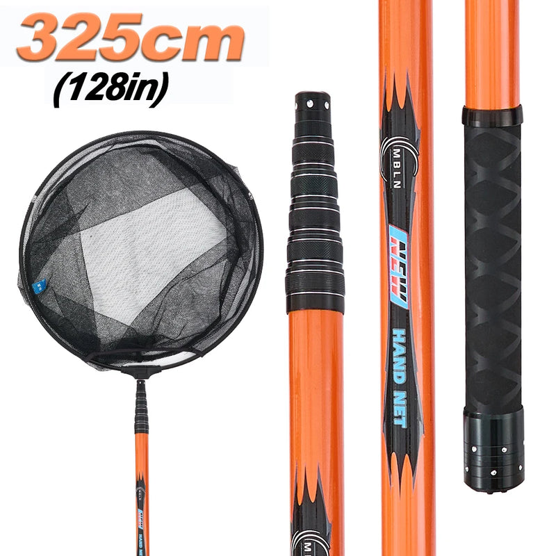 Marca MBLN, comprimento total de 370 cm/128 polegadas, ultraleve 414g, rede de pouso de pesca portátil, rede telescópica de fibra de carbono, cabeça de rede de liga