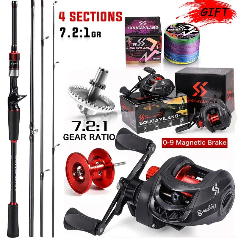 Sougayilang-Carbon Fiber Fishing Rod e Reel Combo, Baitcasting Reel, 7.2:1 Gear Ratio, Max Drag 10kg para Bass, 1.8-2.1m