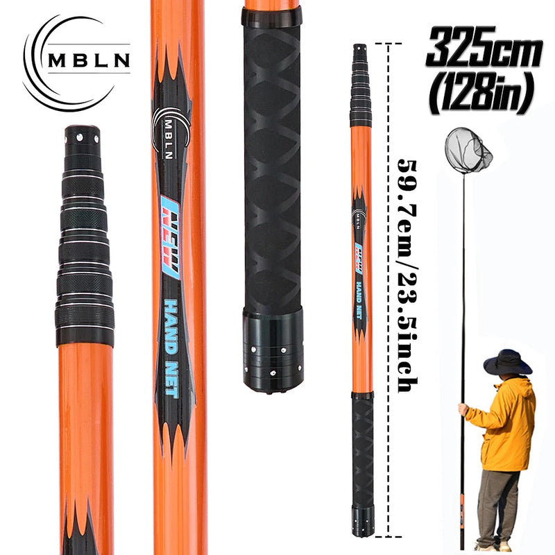 Marca MBLN, comprimento total de 370 cm/128 polegadas, ultraleve 414g, rede de pouso de pesca portátil, rede telescópica de fibra de carbono, cabeça de rede de liga