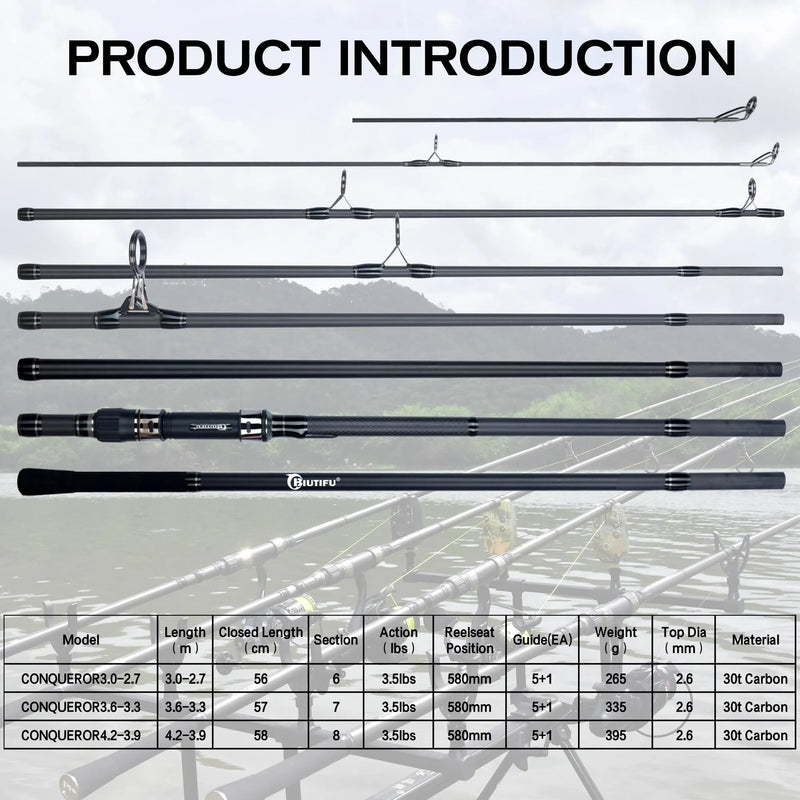 BIUTIFU 2 Pontas Vara de Pesca de Carpa 3.5lb 7 Seções 4.2/3.6/3.0m 30t Fibra de Carbono Viagem Lançando 60-150m Shore Casting Spinning Pole