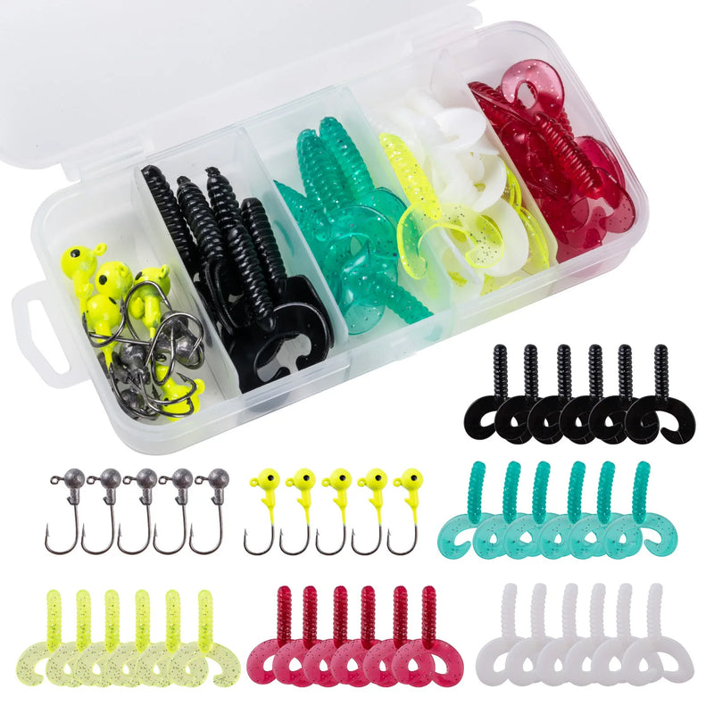 Goture kit de isca macia 40 peças conjunto de isca de silicone 5cm 0.7g gancho de gabarito 3.2cm 3.5g ganchos de pesca com caixa de equipamento de pesca isca macia