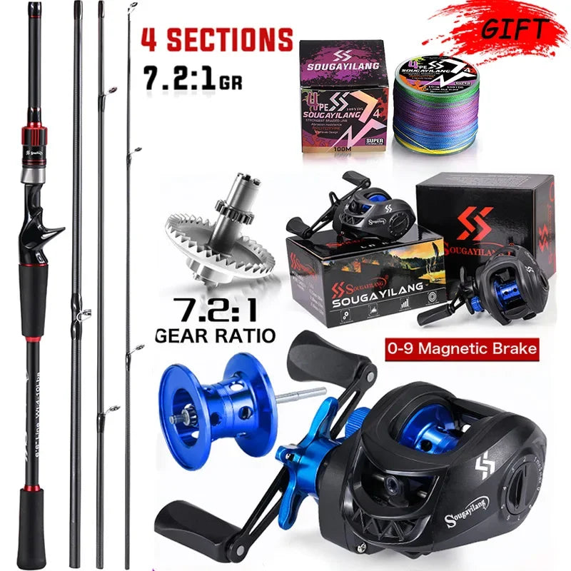 Sougayilang-Carbon Fiber Fishing Rod e Reel Combo, Baitcasting Reel, 7.2:1 Gear Ratio, Max Drag 10kg para Bass, 1.8-2.1m