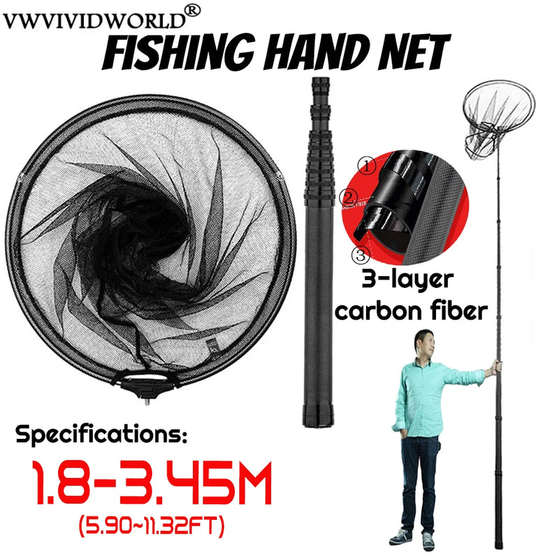 Marca VWVIVIDWORLD, 1,8-3,45 m, rede de pesca portátil de carbono, terra de pesca, rede de mão, pólo telescópico dobrável, vara de pesca