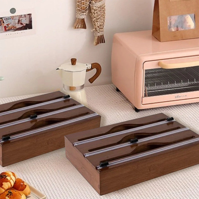 1pc dispensador de papel de cozinha com folha & caixa de cortador de filme aderente, suporte de corte de saco fresco de bambu, saco de lixo e saco de plástico de madeira st