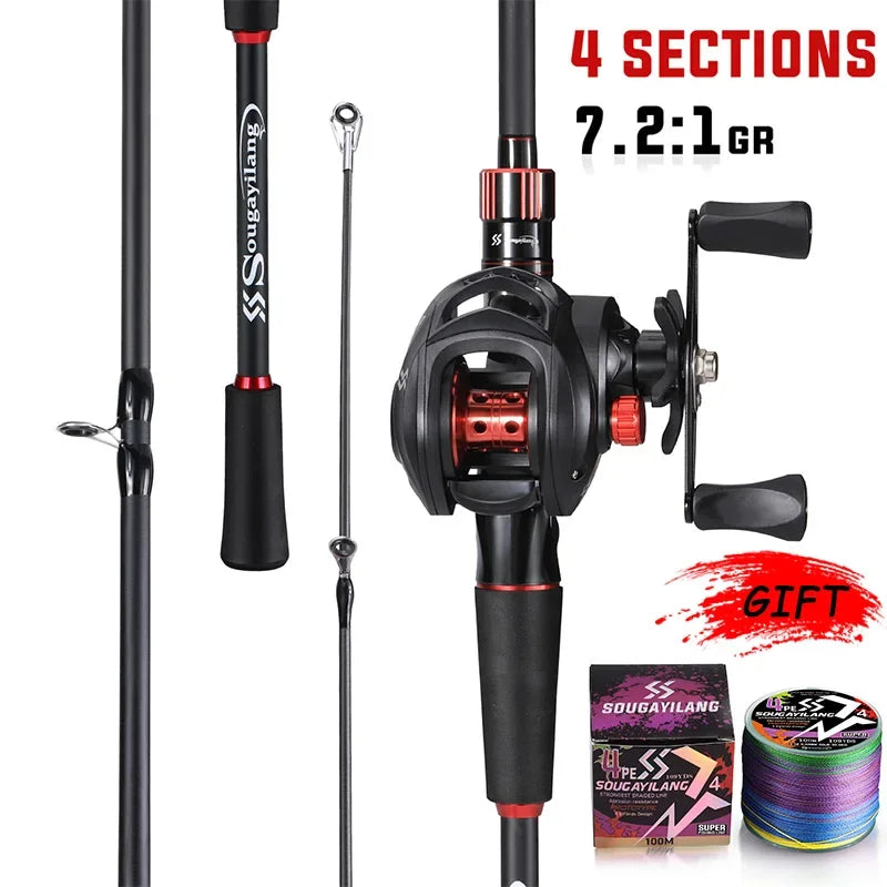 Sougayilang-Carbon Fiber Fishing Rod e Reel Combo, Baitcasting Reel, 7.2:1 Gear Ratio, Max Drag 10kg para Bass, 1.8-2.1m