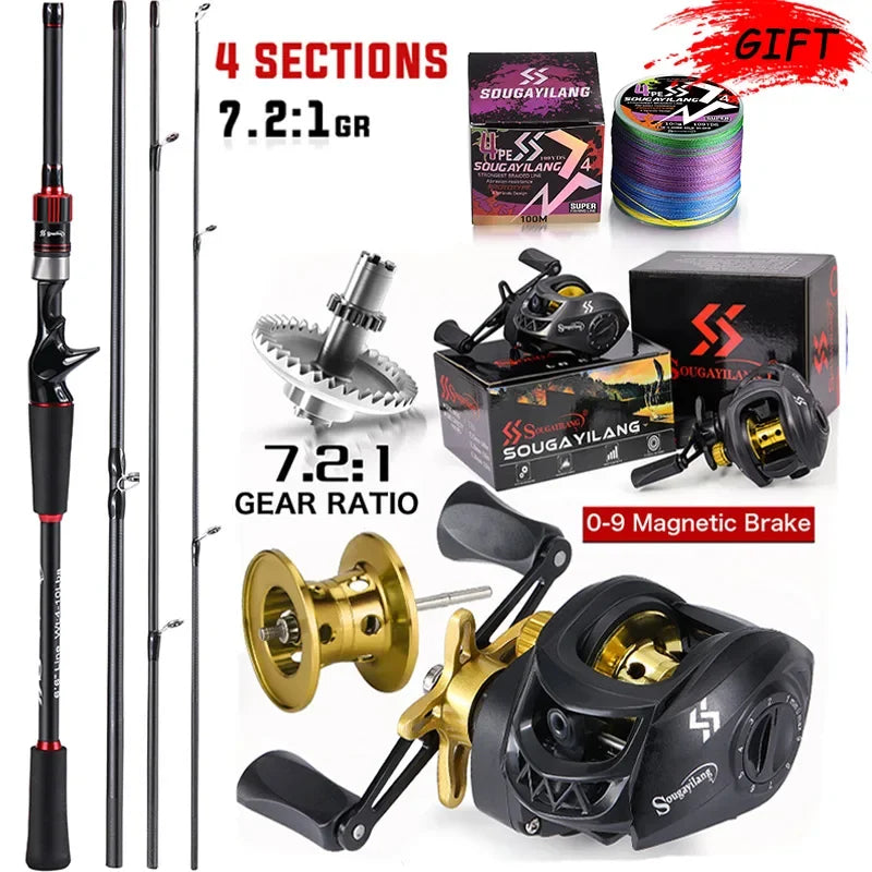 Sougayilang-Carbon Fiber Fishing Rod e Reel Combo, Baitcasting Reel, 7.2:1 Gear Ratio, Max Drag 10kg para Bass, 1.8-2.1m