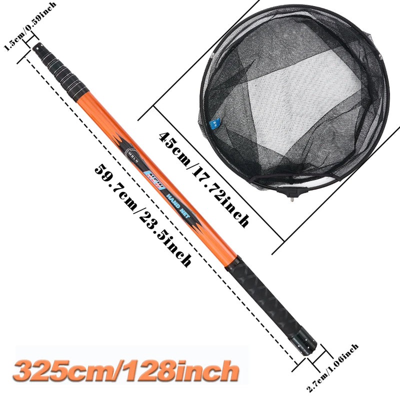 Marca MBLN, comprimento total de 370 cm/128 polegadas, ultraleve 414g, rede de pouso de pesca portátil, rede telescópica de fibra de carbono, cabeça de rede de liga