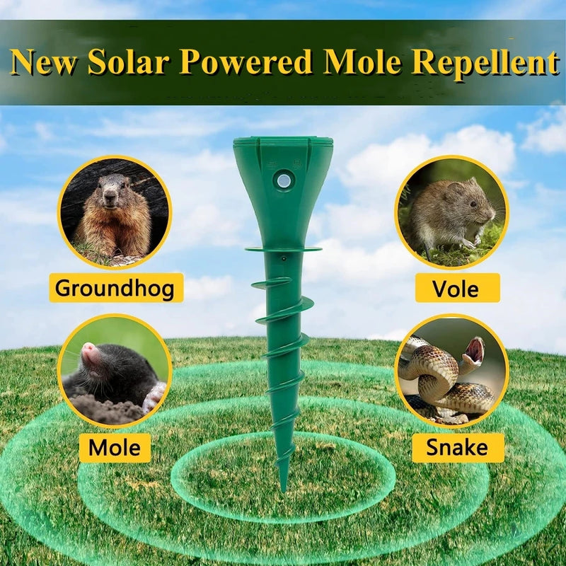 Poderoso e eficiente repelente de toupeira movido a energia solar com parafuso, repelente de gopher sônico para quintal de gramado, deterren de marmota ao ar livre
