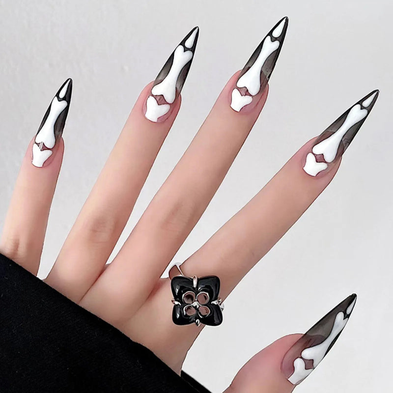 Unhas Postiças Góticas Wearable, Boneca Do Amor Rosa, Projetos De Esqueleto, Unhas Postiças, Pressione, Manicure De Cobertura Completa, Ponta De Unha, 24Pcs