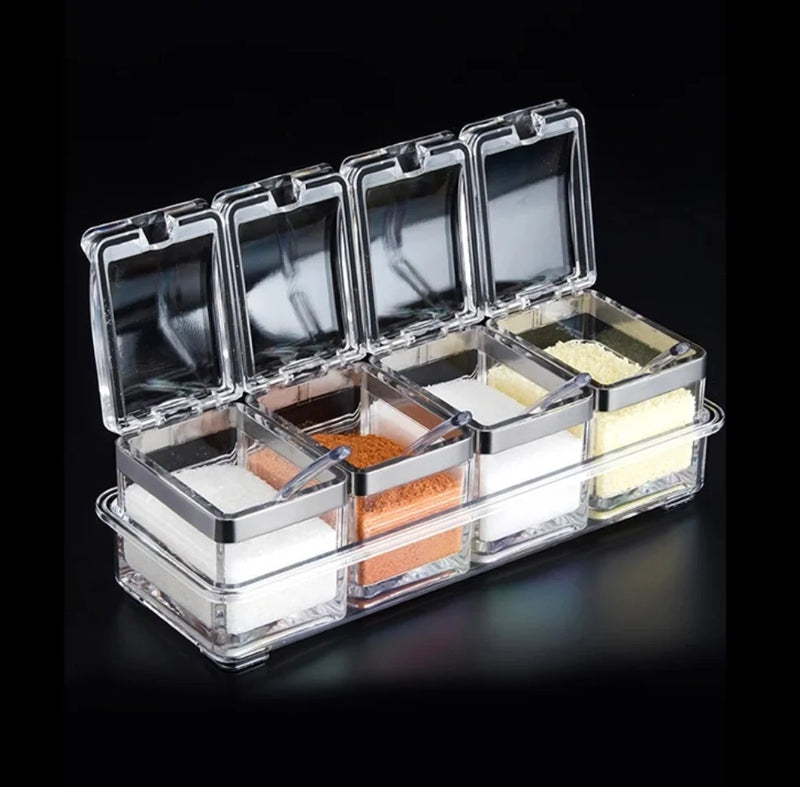 Recipiente De Armazenamento De Cristal Com Colher, Estante De Tempero, Panelas Para Pimenta Spice, Caixa Clara, Conjunto De 4