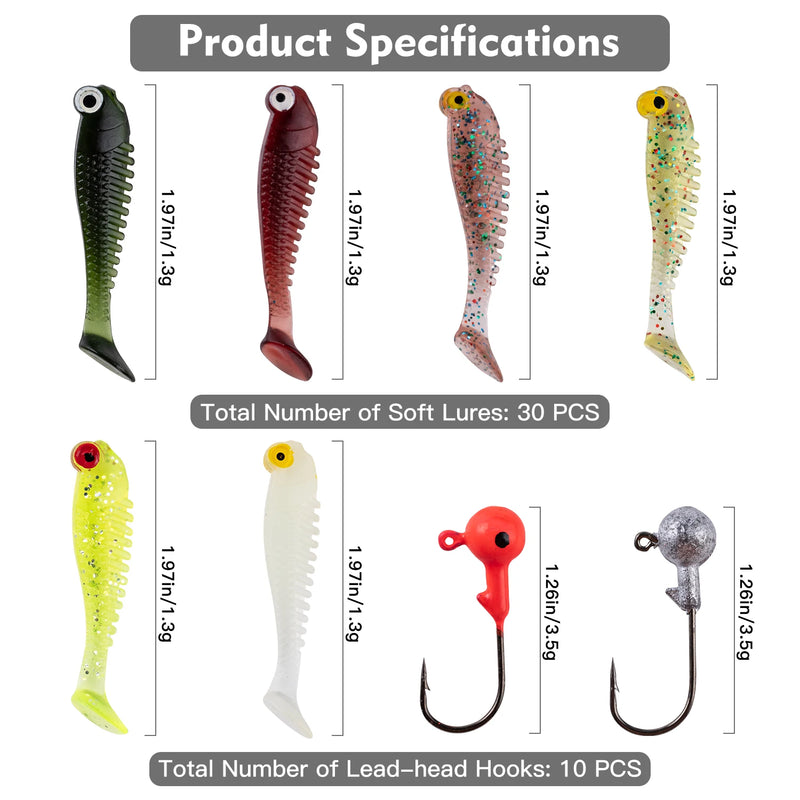 Goture kit de isca macia 40 peças conjunto de isca de silicone 5cm 0.7g gancho de gabarito 3.2cm 3.5g ganchos de pesca com caixa de equipamento de pesca isca macia